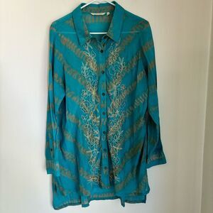 Soft Surroundings Women Day Break Tunic Shirt Large Teal Embroidered beaded GUC!